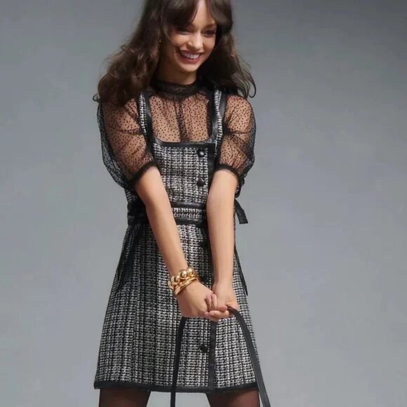 ANTHROPOLOGIE MAEVE Retro TWEED Button front Black White MINI DRESS - Fall! 8/10 - Picture 3 of 13